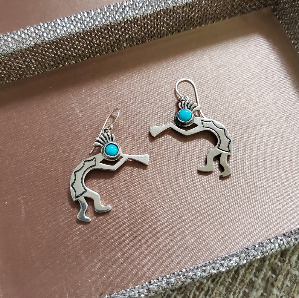 Kokopelli Sterling Silver and Turquoise Earrings